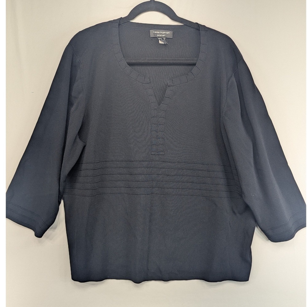 Cable & Gauge Woman Black Knit Split Neck 3/4 Sleeve Top Plus Size 3X